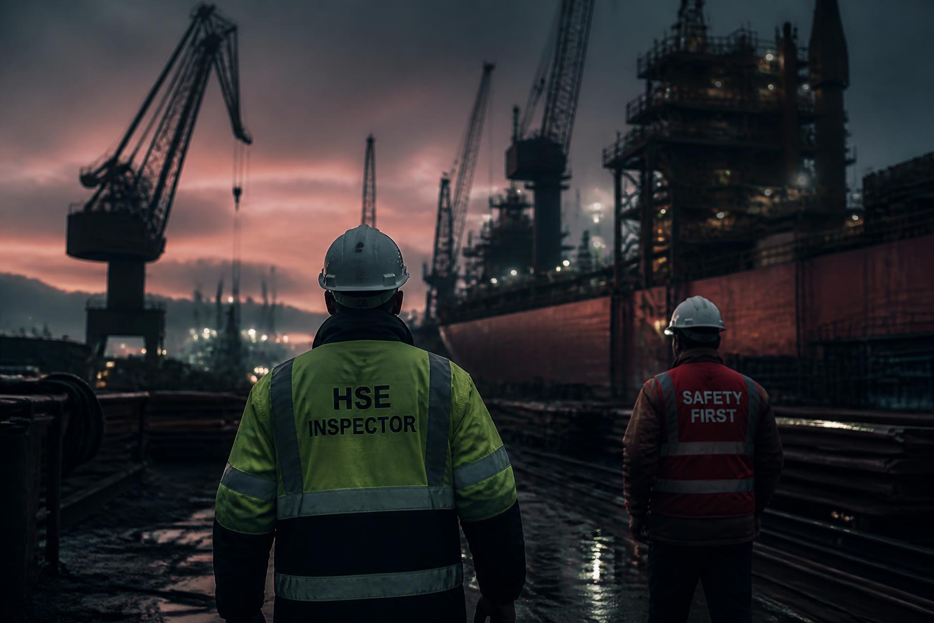 Industrieel projectterrein met HSE-inspecteur op een scheepswerf bij schemering